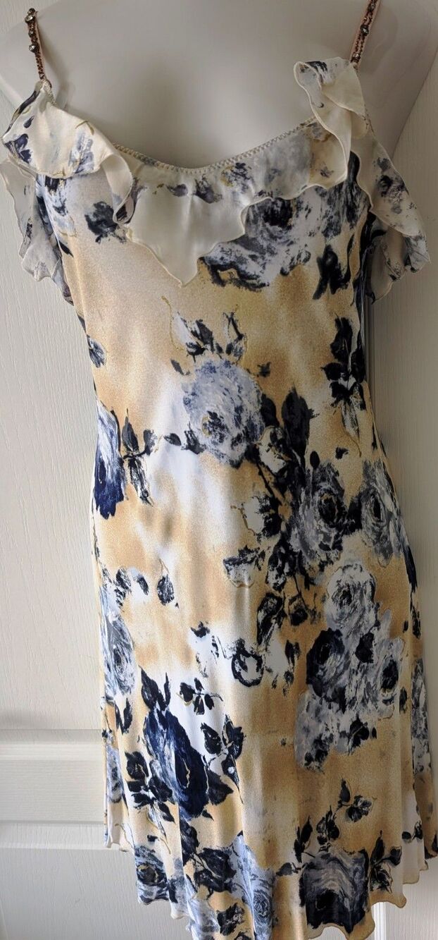 ROBERTA SCARPA Italian Silk Blend Floral Dress Sz 14 US Ruffled Beaded Straps